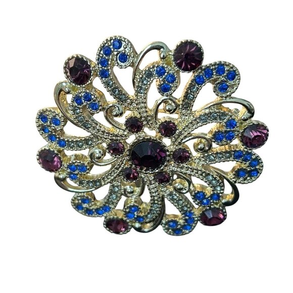 Monet Gold Tone Brooch Sparkling Blue & burgundy Rhinestones Floral Pin Coll - Picture 3 of 3